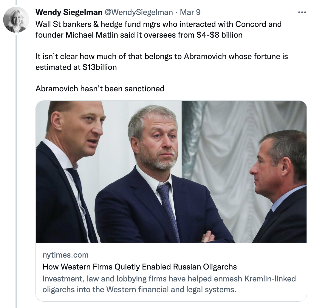 Siegelman tweet showing Concord Matlin Abramovich