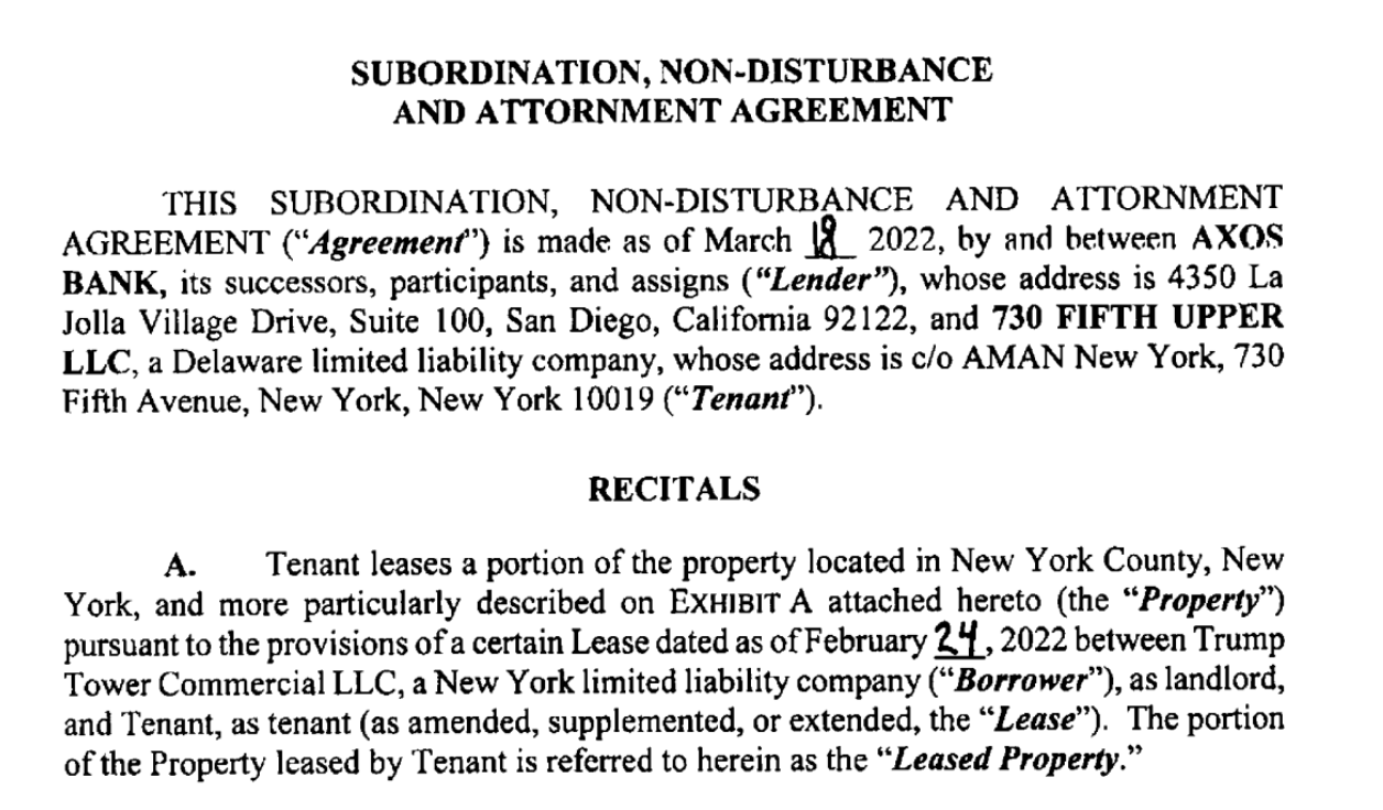 730 Fifth Upper Axos Trump Tower Agreement section