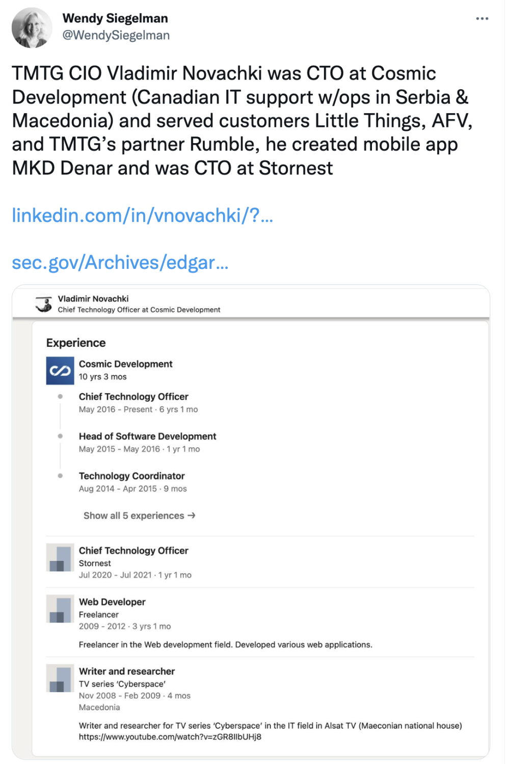 Siegelman Tweet on TMTG CIO Vladimir Novachki